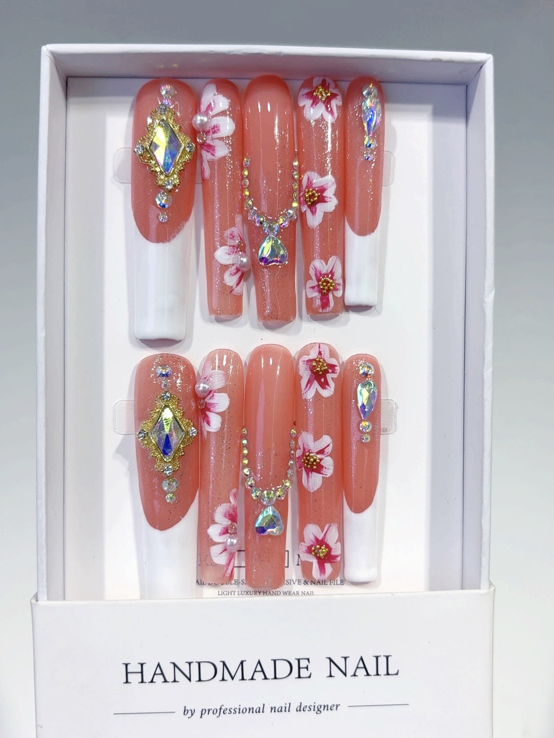 Coral White Floral Crystal Elegant Press On Nails