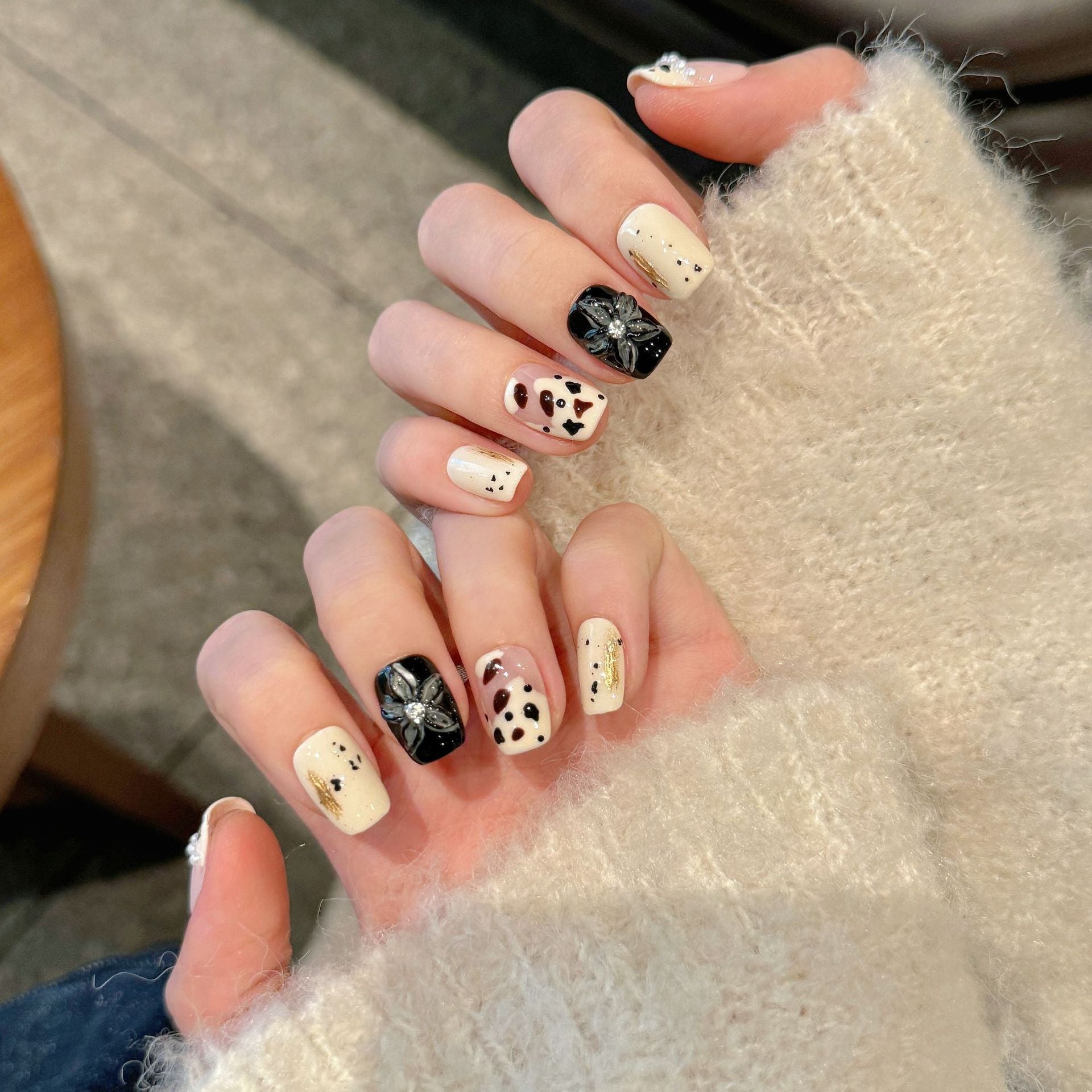 365nails: "Midnight Bloom" – 3D Floral & Leopard Print Handmade Short Square Nails