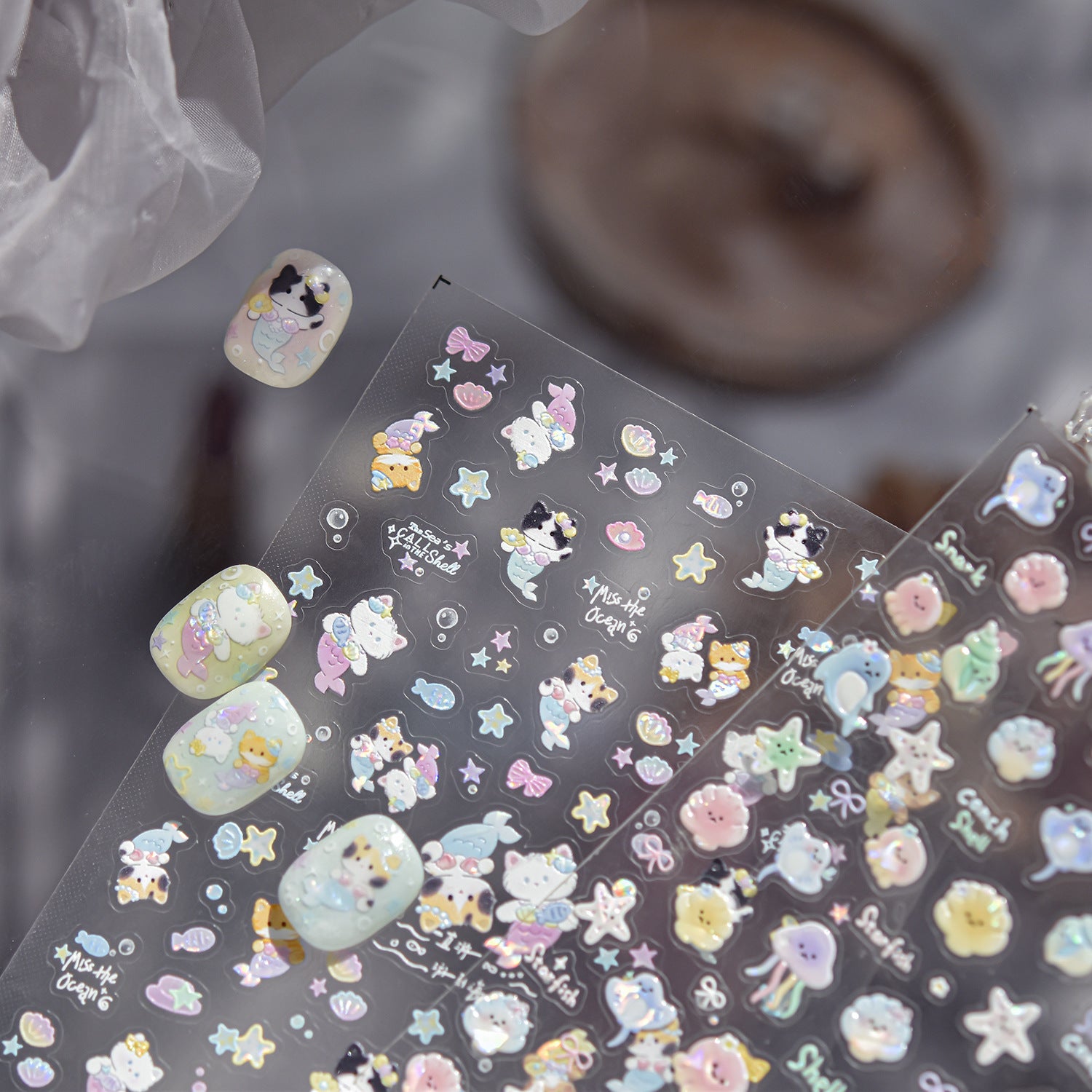 Kawaii Pet Shell Light Collection: "Cute Pet & Shell Light" – 3D Embossed Nail Sticker