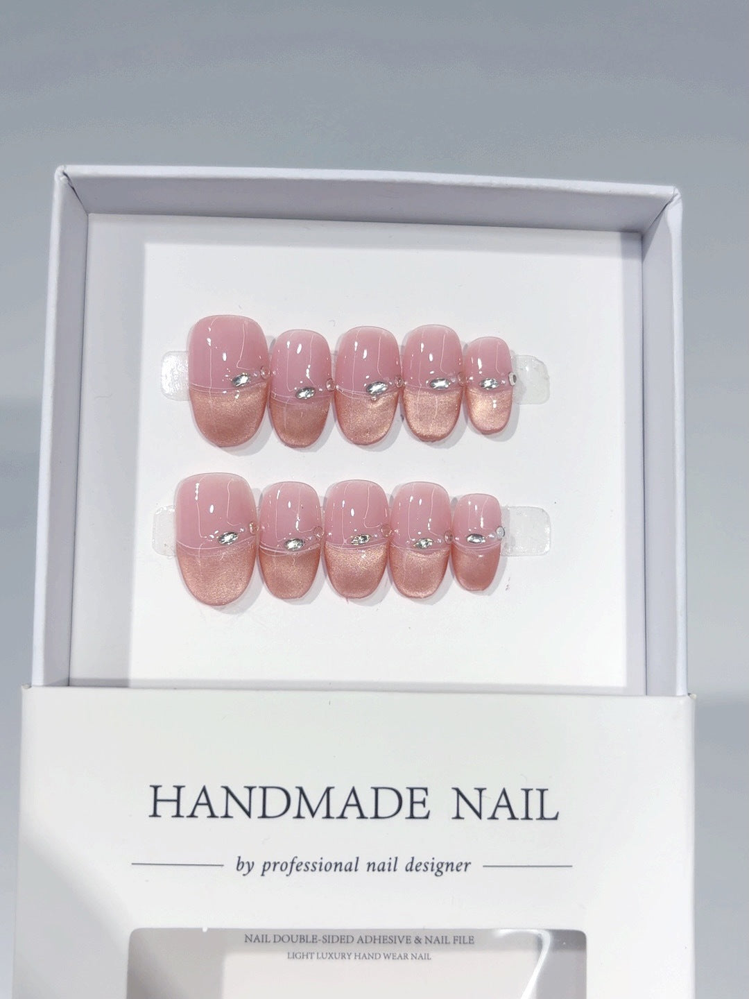 Pink Glow: "Nude Pink Rhinestone" – Square Shape Handmade Press-On Nails