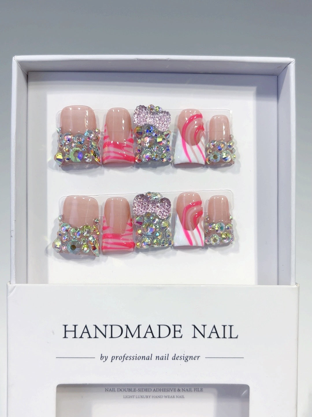 Disco Glow: "Pink Iridescent Crystal" – Square Shape Handmade Press-On Nails