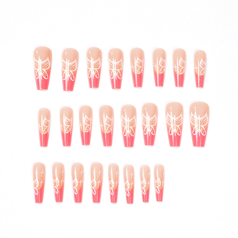 Unhas postiças longas de balé com borboleta rosa por atacado ｜365nails