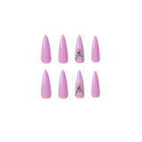 Adesivo de unha longo com strass rosa pontiagudo, adesivo de pressão para unhas finalizadas, adesivo de unha removível à prova d'água ｜365nails