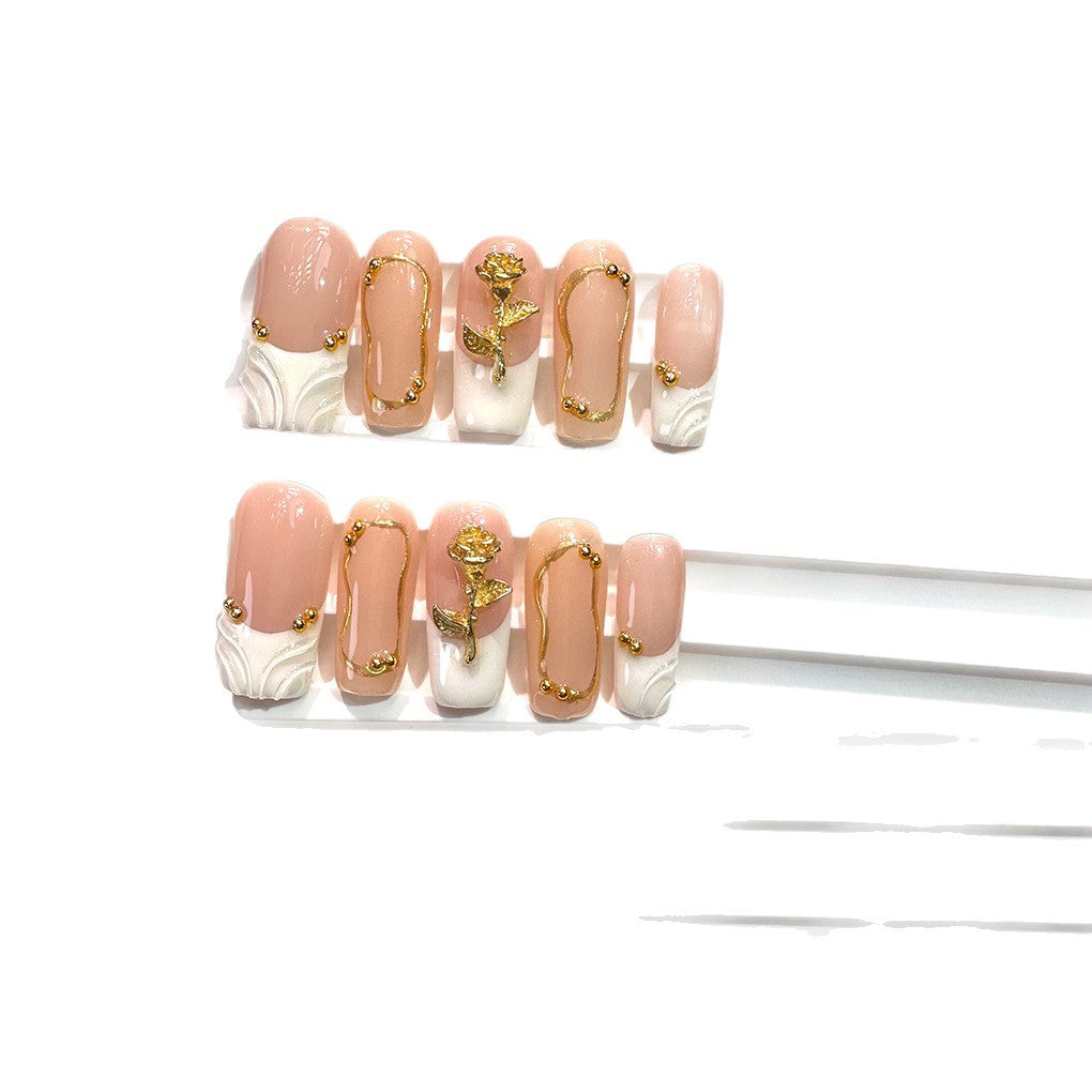 White French Gold Rose Elegant Press On Nails