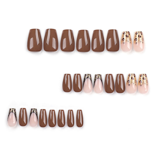 Autumn Brown Simple Wear Nail Patch Gold Glitter Leopard Print Nail Art Ballet Finger Nail Patch Nail Patch｜365nails