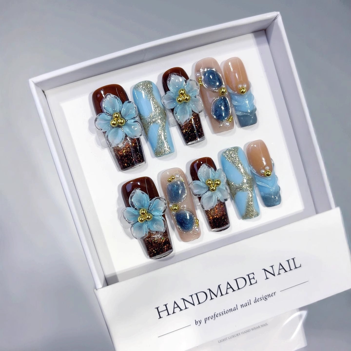 Blue Floral Sculpted Long Press On Nails