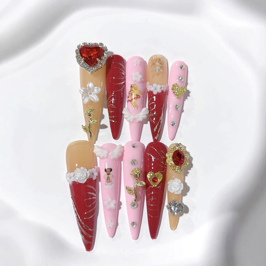 Baroque Cherub Heart Crystal Press On Nails
