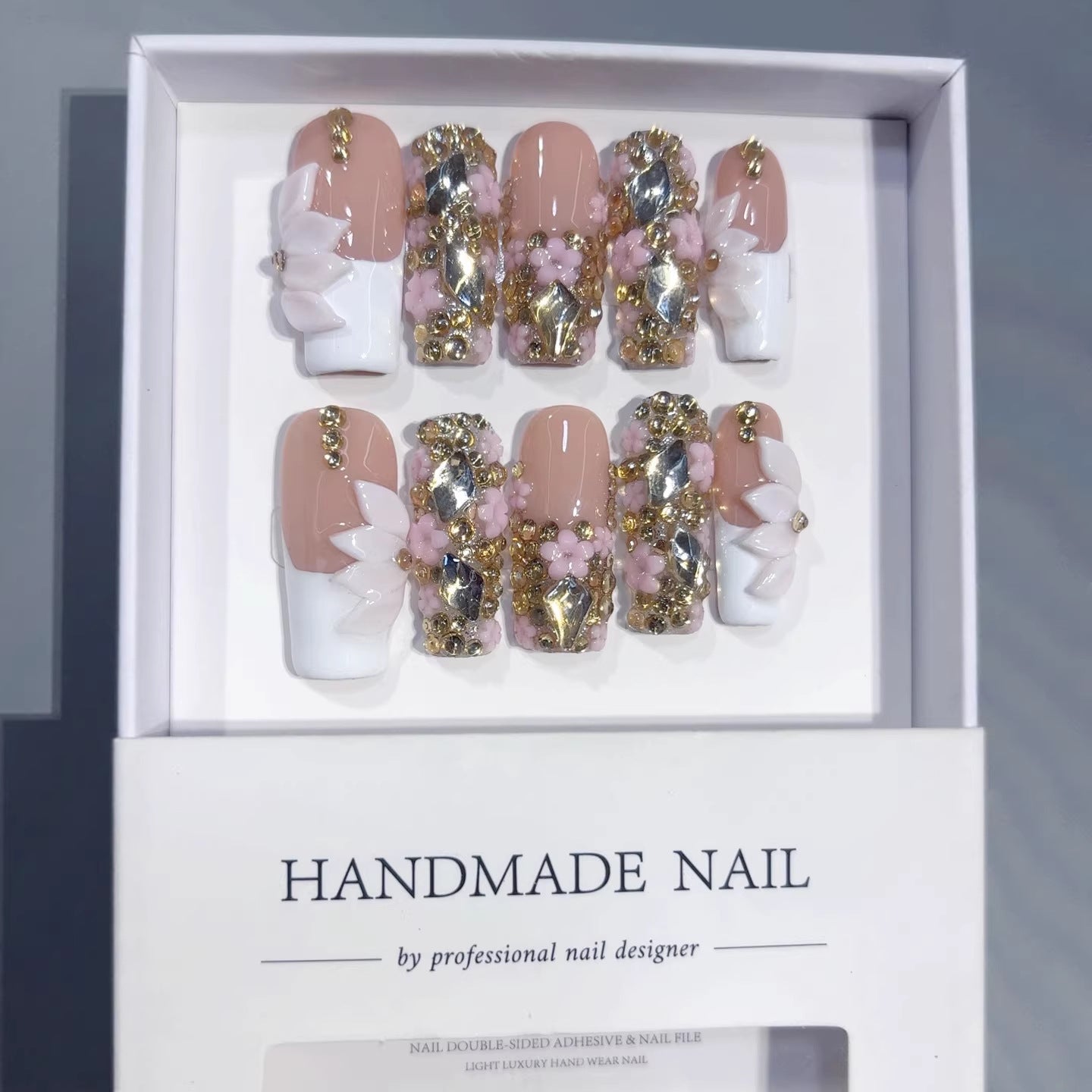 365nails: "Golden Sakura Bow" – Short Square Nude French 3D Flower Handmade Press-On Nails