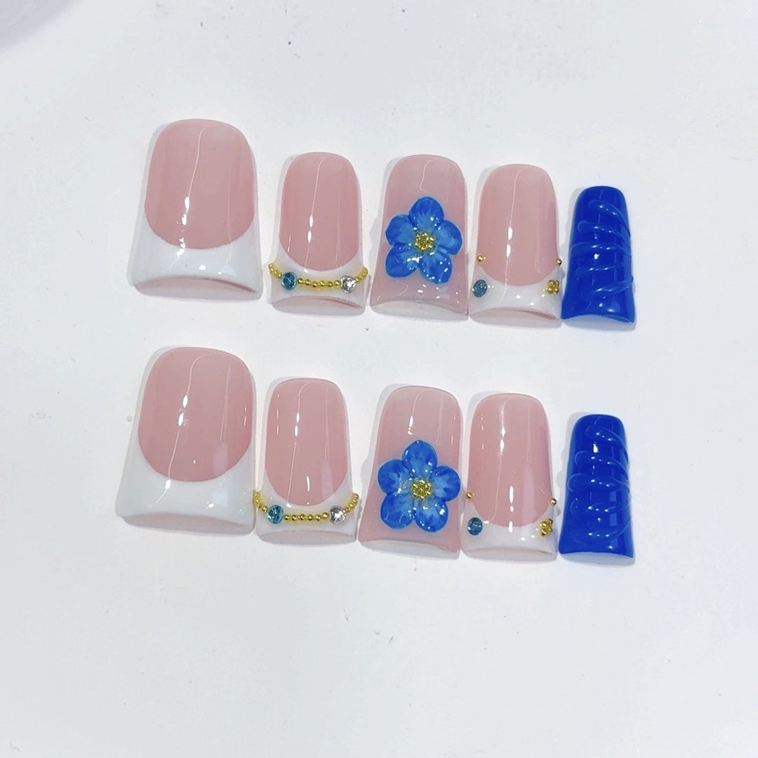Coastal Bloom: "Cobalt Blue Flower" – Square Shape Handmade Press-On Nails
