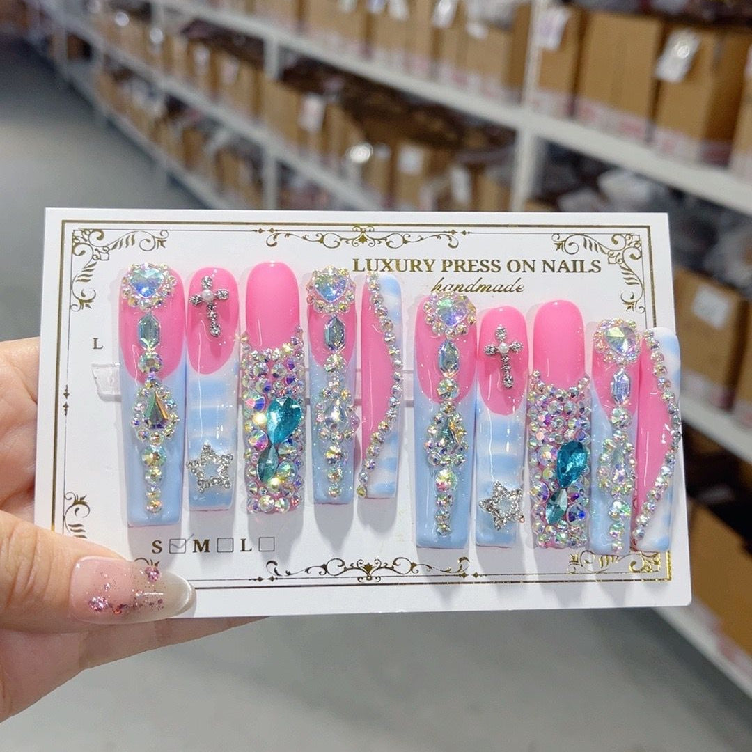 Pink Lavender Butterfly Crystal Glam Press On Nails