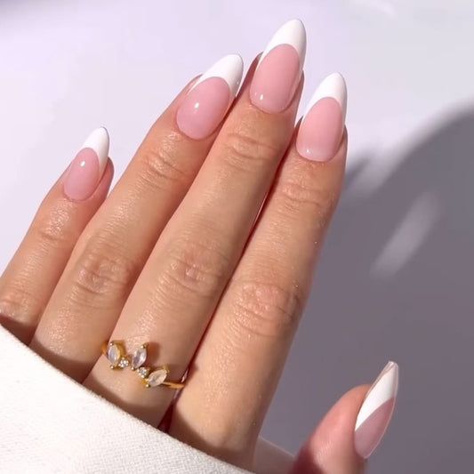 Short almond classic French white wearing nail  hot-selling nail art fake nail wearable removable nail piece｜365nails