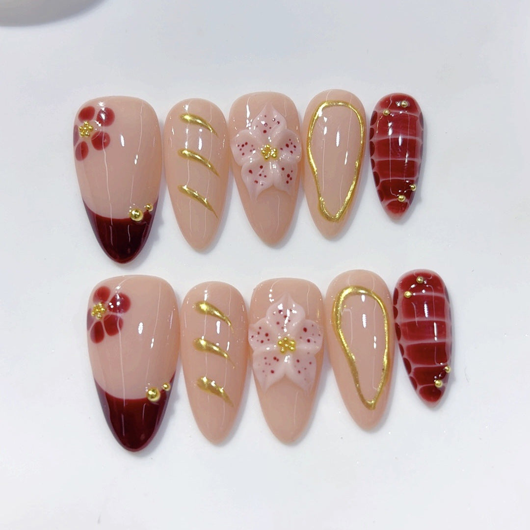 Cherry Blossom: "Crimson Sakura" – Almond Shape Press-On Nails