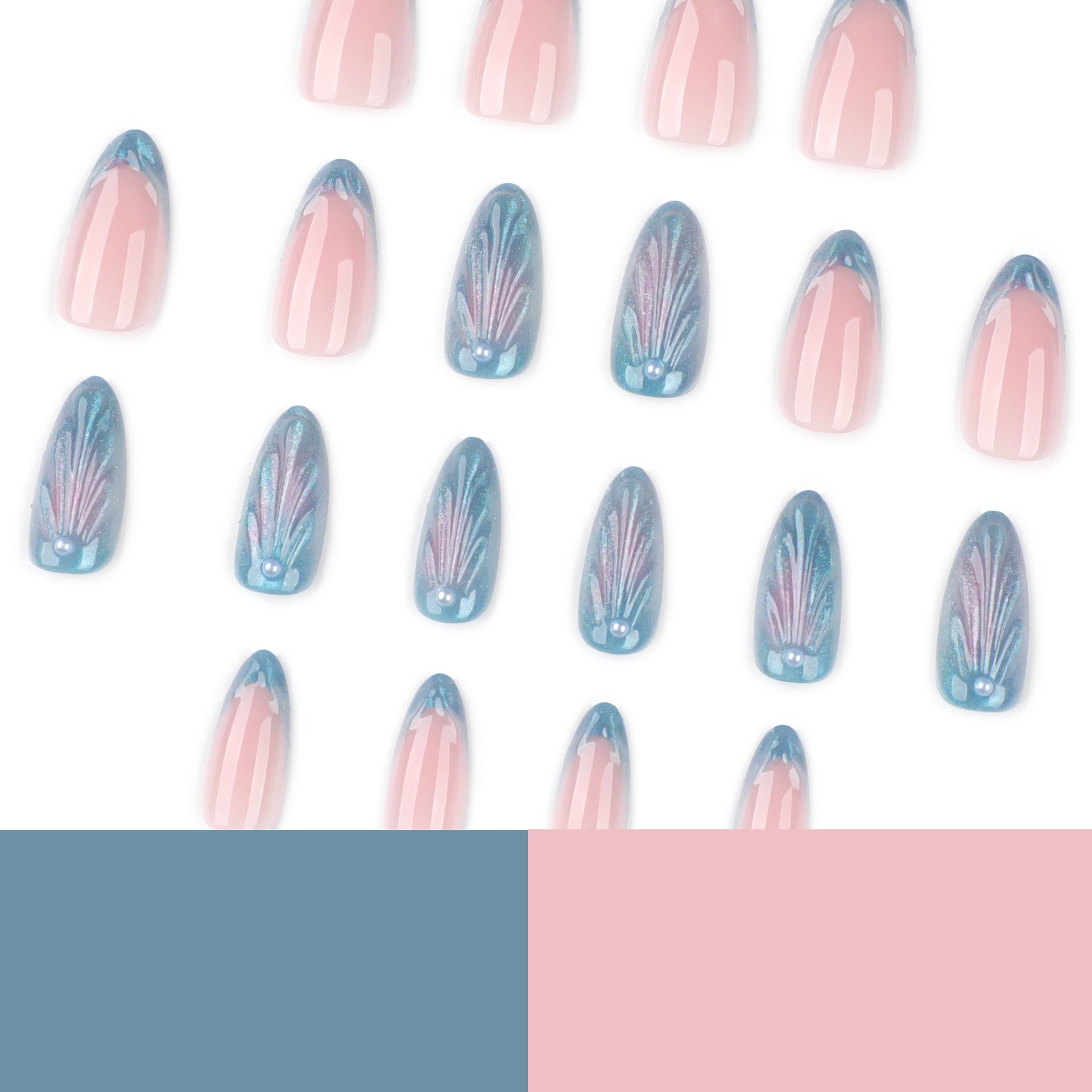 3D Water Drop Blue Cat's Eye French Short Almond press-on nails