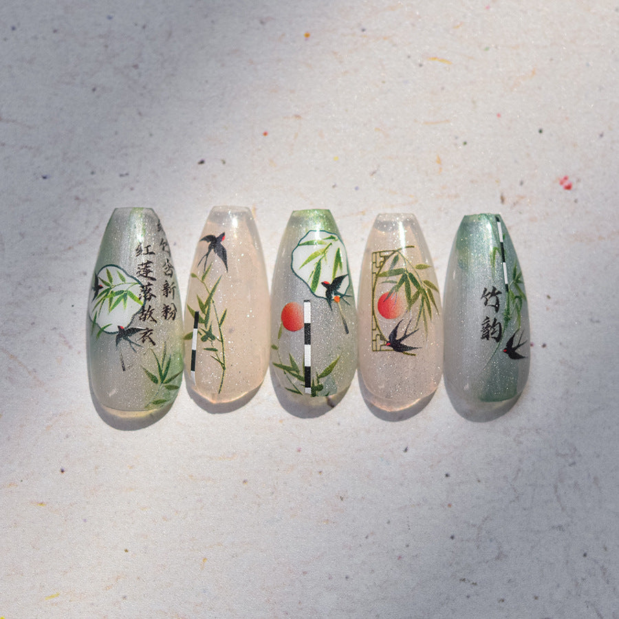 Bamboo & Ink Calligraphy Nail Stickers – 5D Embossed Oriental Zen Set
