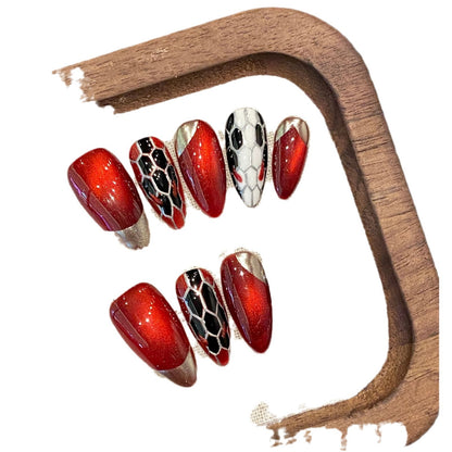 retro snake head cat eye poly snake hand-painted snake pattern white red New Year's nail handmade nails | 365nails