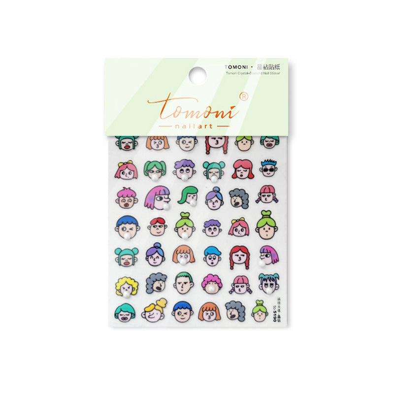 Colorful Cartoon Character Heads: "Playful Chibi Crew" – 5D Embossed Nail Sticker