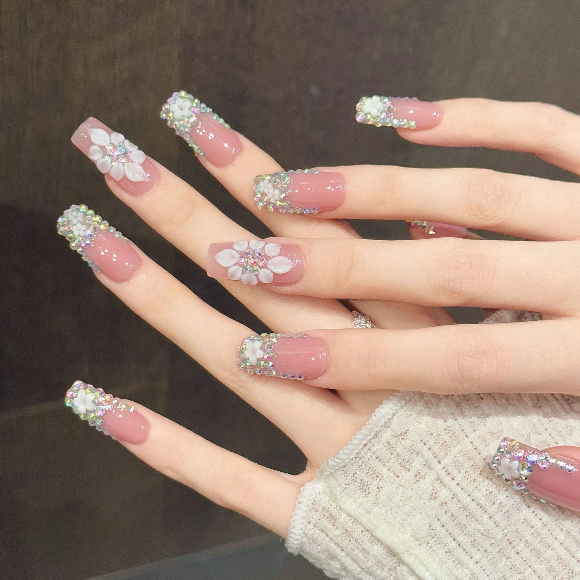 365nails: "Crystal Bloom" – 3D Floral & Rhinestone Handmade Medium Almond Nails