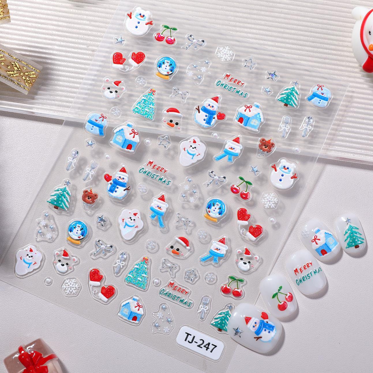 Happy Christmas Nail Art Sticker 5D Embossed Three-dimensional Snowman Christmas Bear DIY Nail Sticker Ornament TJ