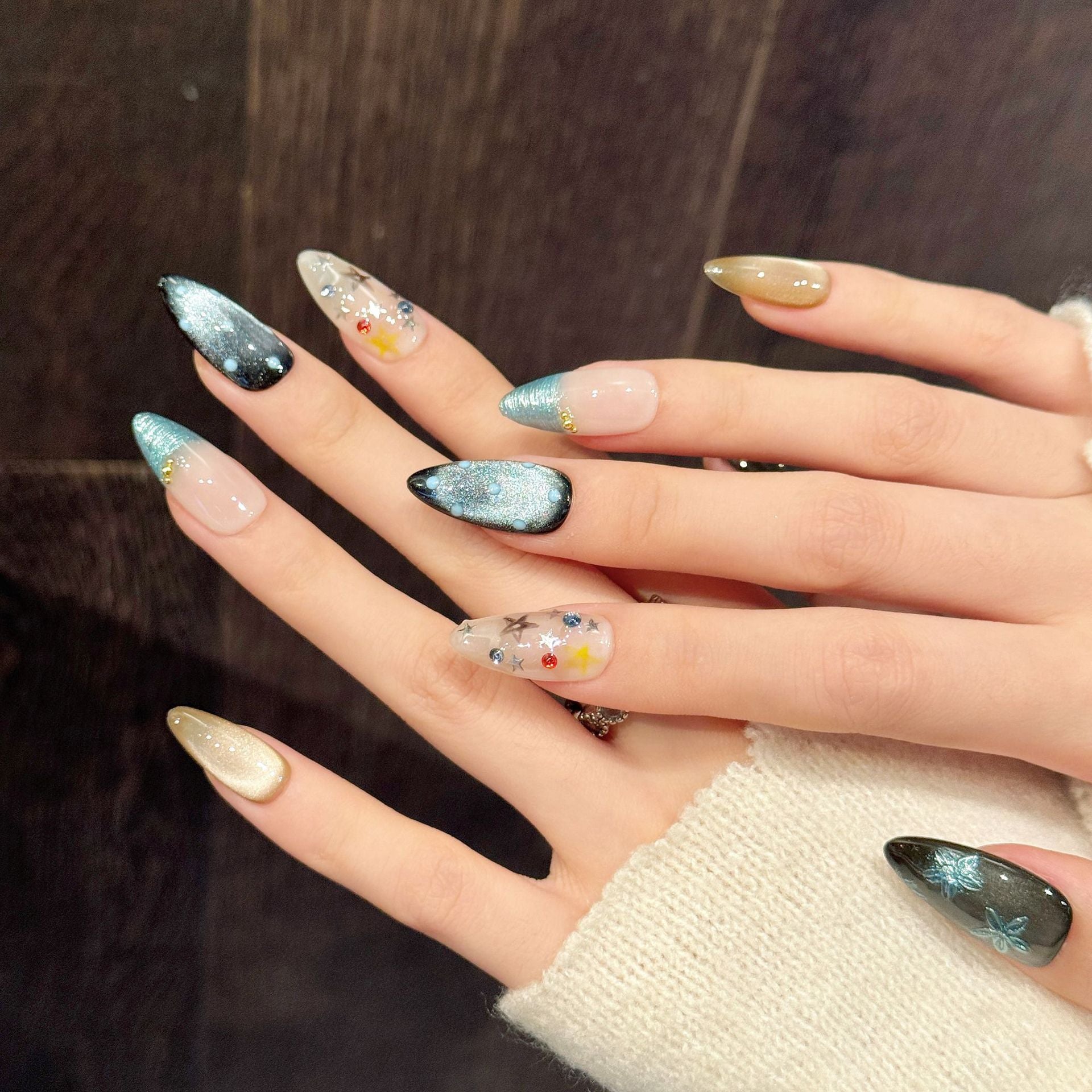 Blue Gradient Starry Sky Glitter Press On Nails