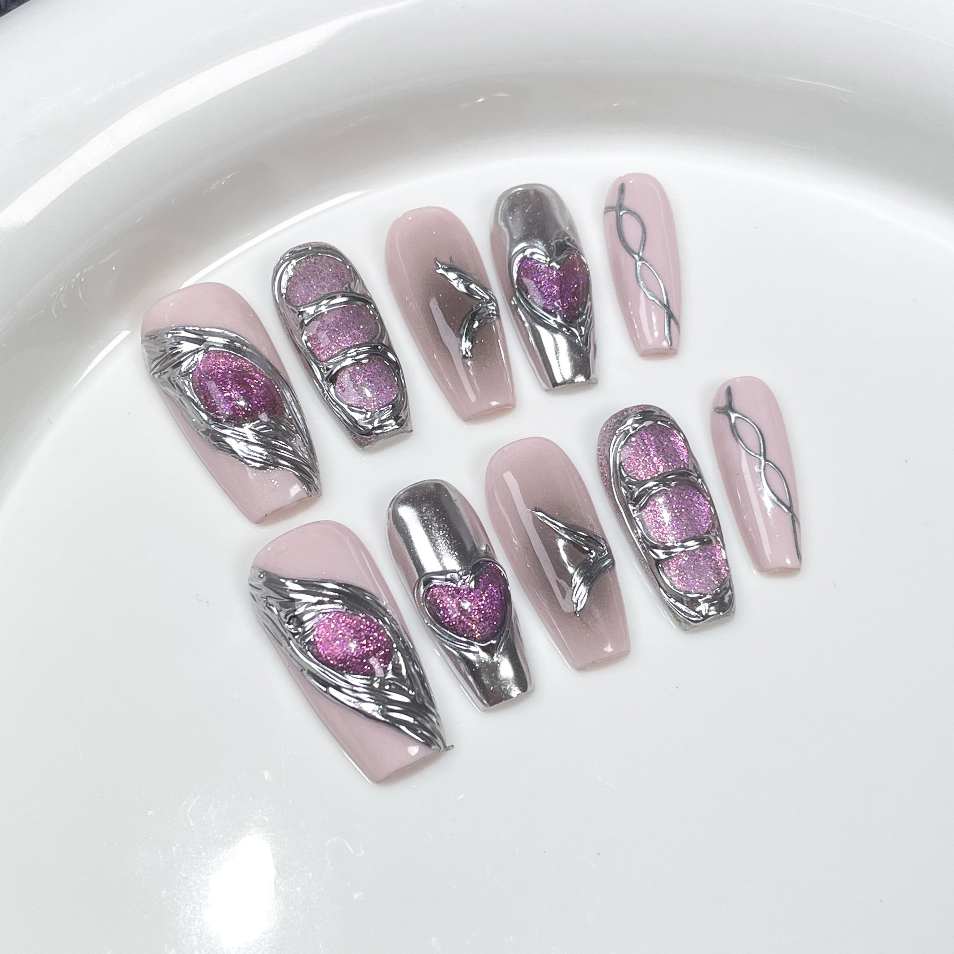 Uñas postizas de metal Spice Girl, hechas a mano, con aerógrafo, rubor, estilo ojo de gato, uñas medianas y largas | 365nails