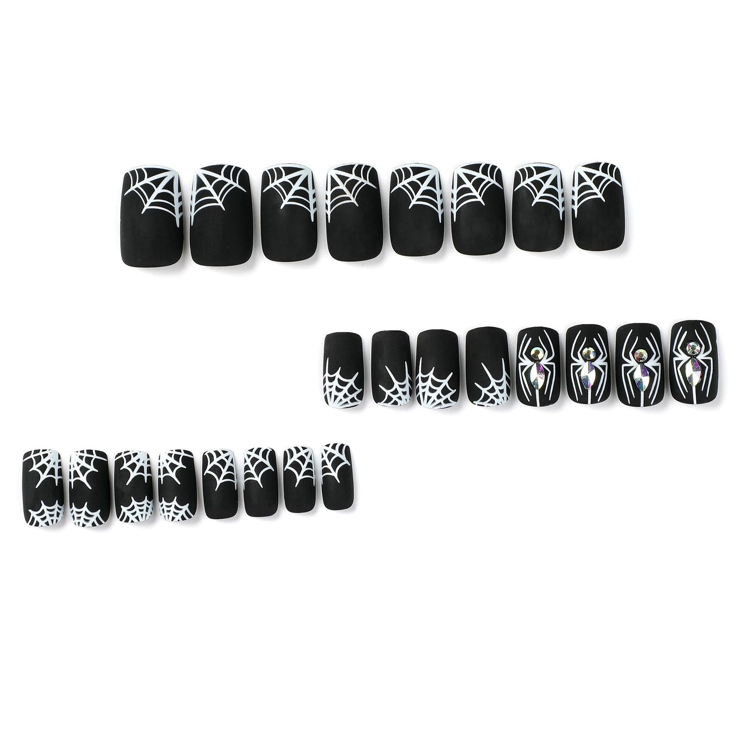 Nail Piece Wearing Nail Halloween Nail Art Black Frosted White Spider Web Rhinestone Nail Art Piece Removable nail｜365nails
