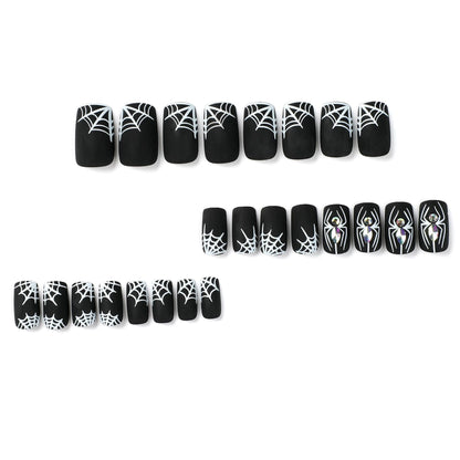 Nail Piece Wearing Nail Halloween Nail Art Black Frosted White Spider Web Rhinestone Nail Art Piece Removable nail｜365nails