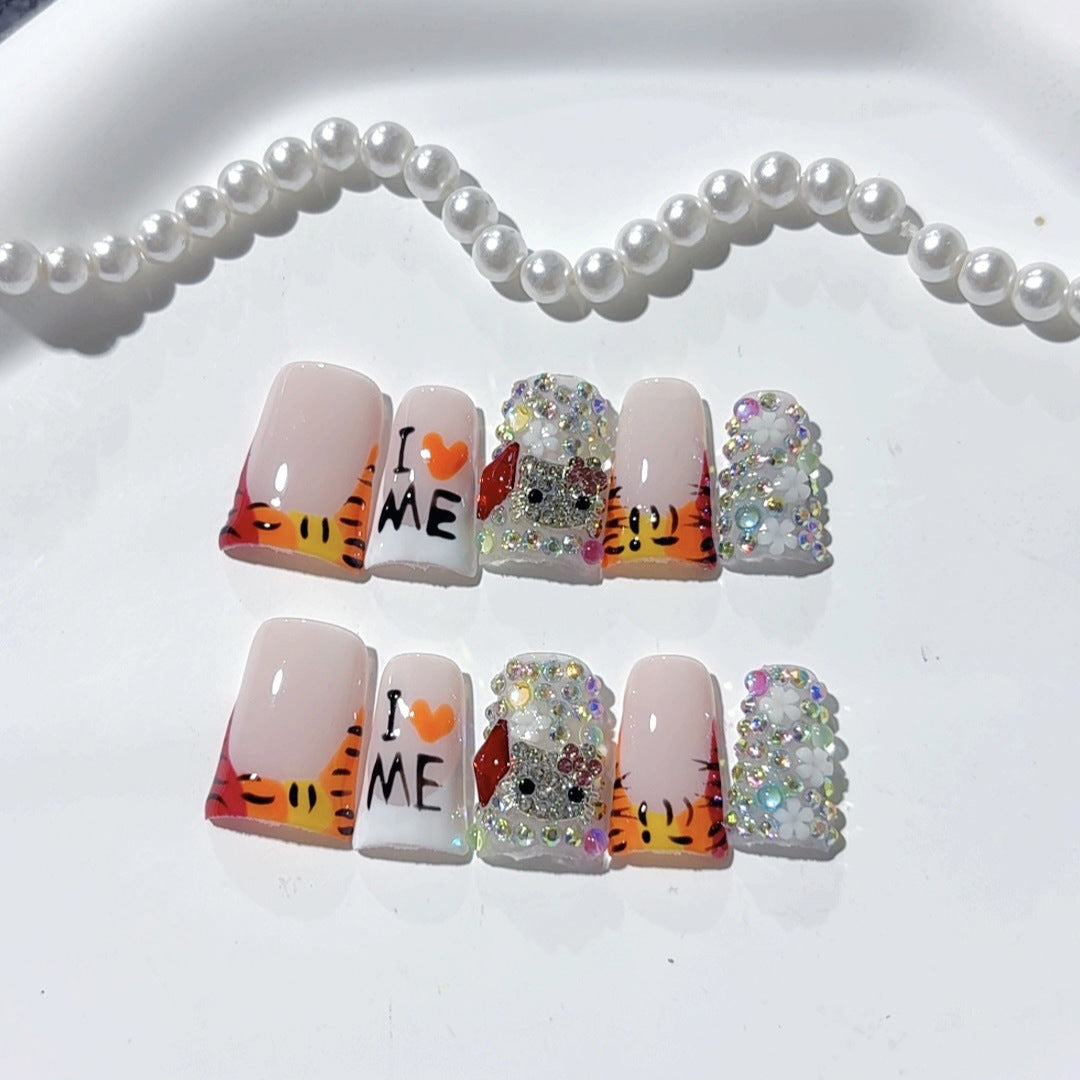 Amour tigre : "Je ❤️ MOI" – court forme carrée fait main ongles press-on