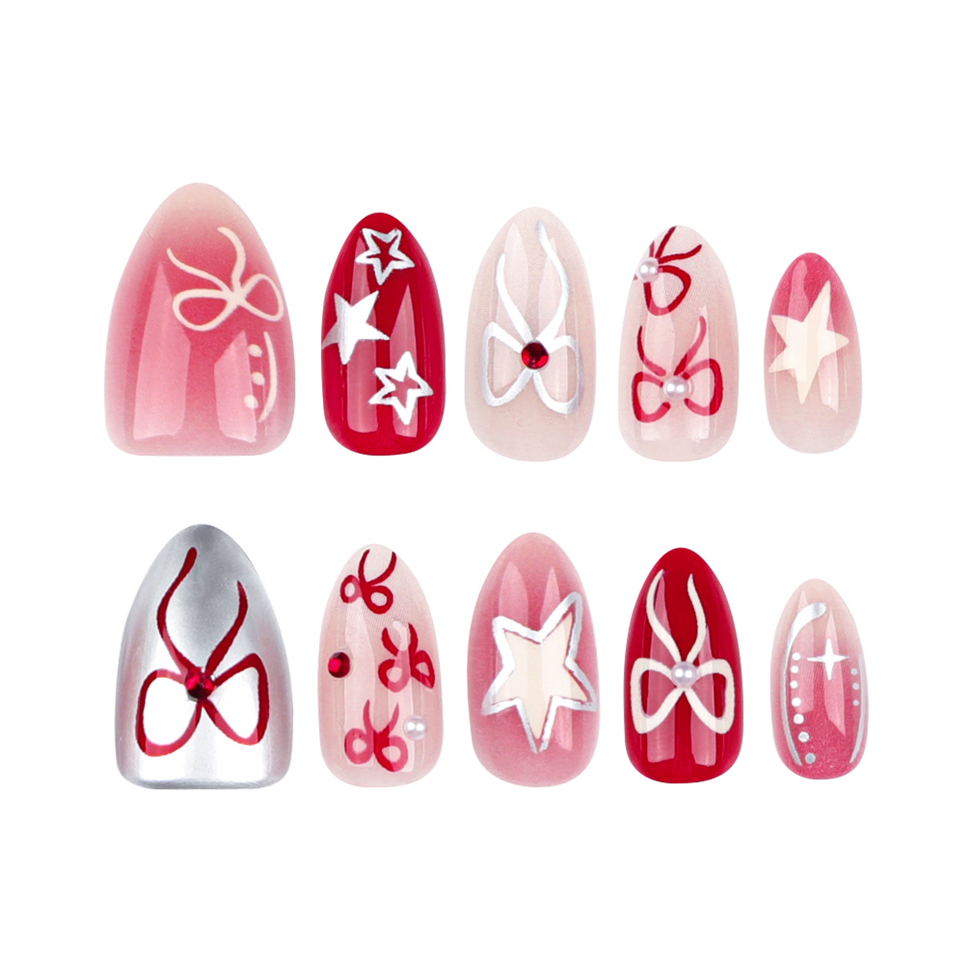 甜美 INS 風蝴蝶結星星腮紅色穿戴甲｜365nails