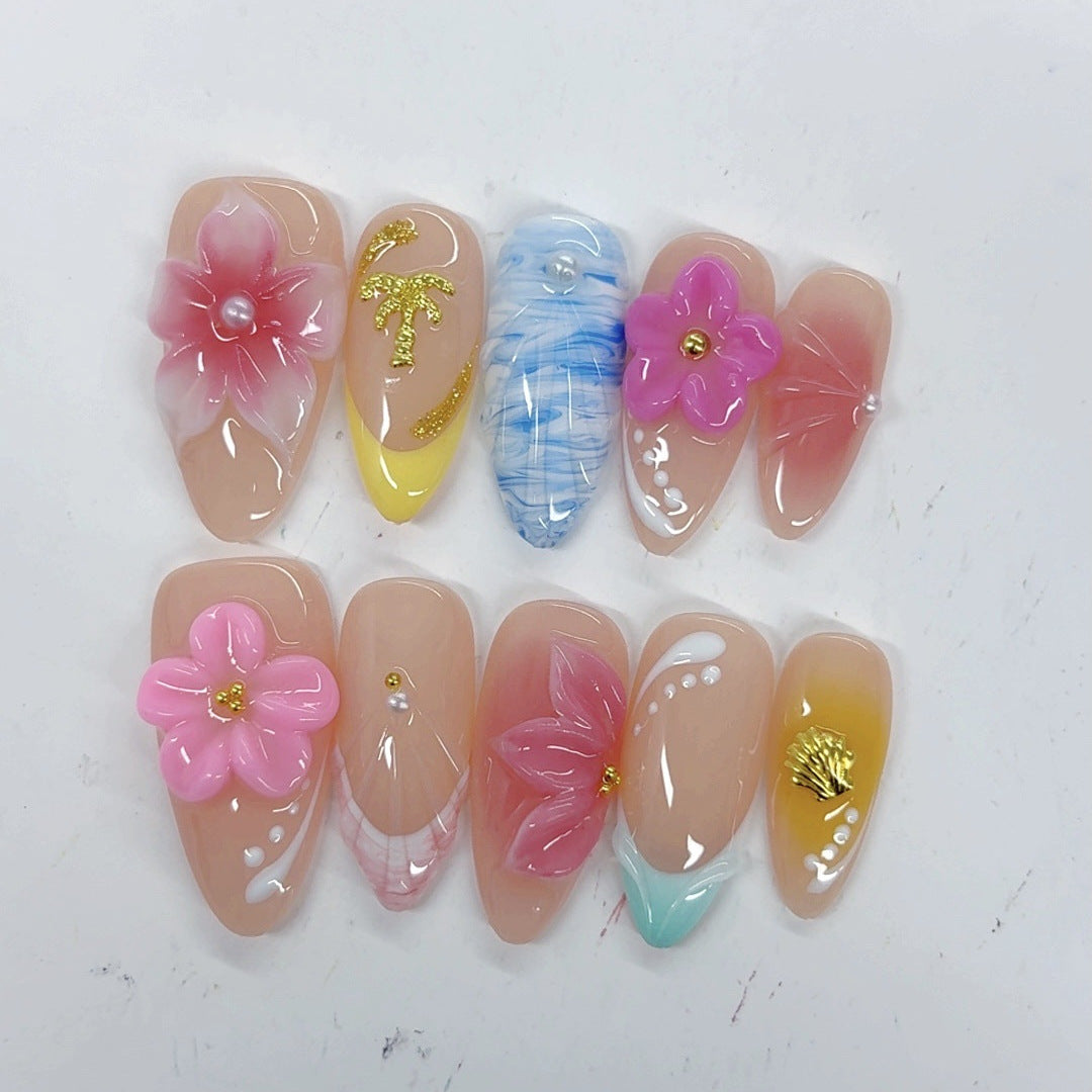 Tropical Bloom: "Beachside Floral Escape" – Almond Press-On Nails