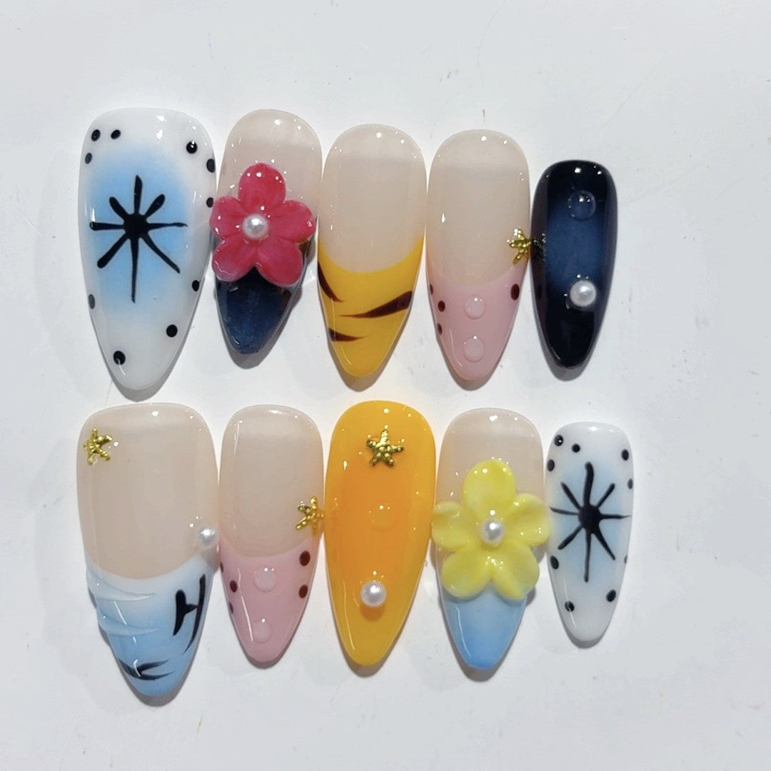 365nails-波普花卉：「繽紛混搭」 – 杏仁形 手工製 3D 雕刻 穿戴甲