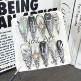 Sweet and cool babes, long-pointed nail art  metal three-dimensional magic mirror powder hand-painted press-on nails pure hand-made batch｜365nails