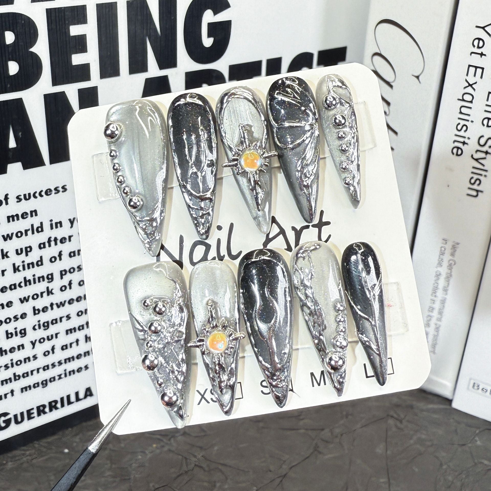 Sweet and cool babes, long-pointed nail art  metal three-dimensional magic mirror powder hand-painted press-on nails pure hand-made batch｜365nails