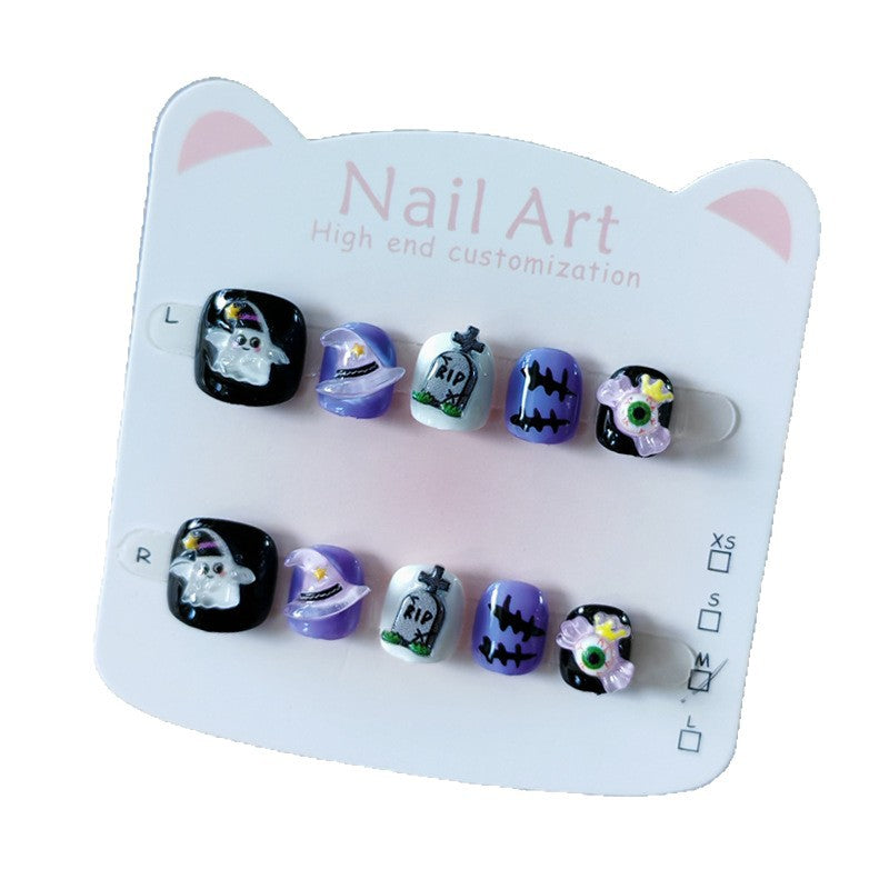 365nails-萬聖節驚奇兒童系列：「墓園幽靈魔法」 – 兒童短款方形穿戴甲
