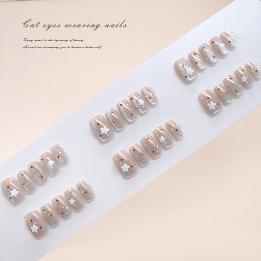 Nail Tips  prefabricated nail spring polka dot flower painting white cat eye sweet sister  ins wind removable nail art 30｜365nails