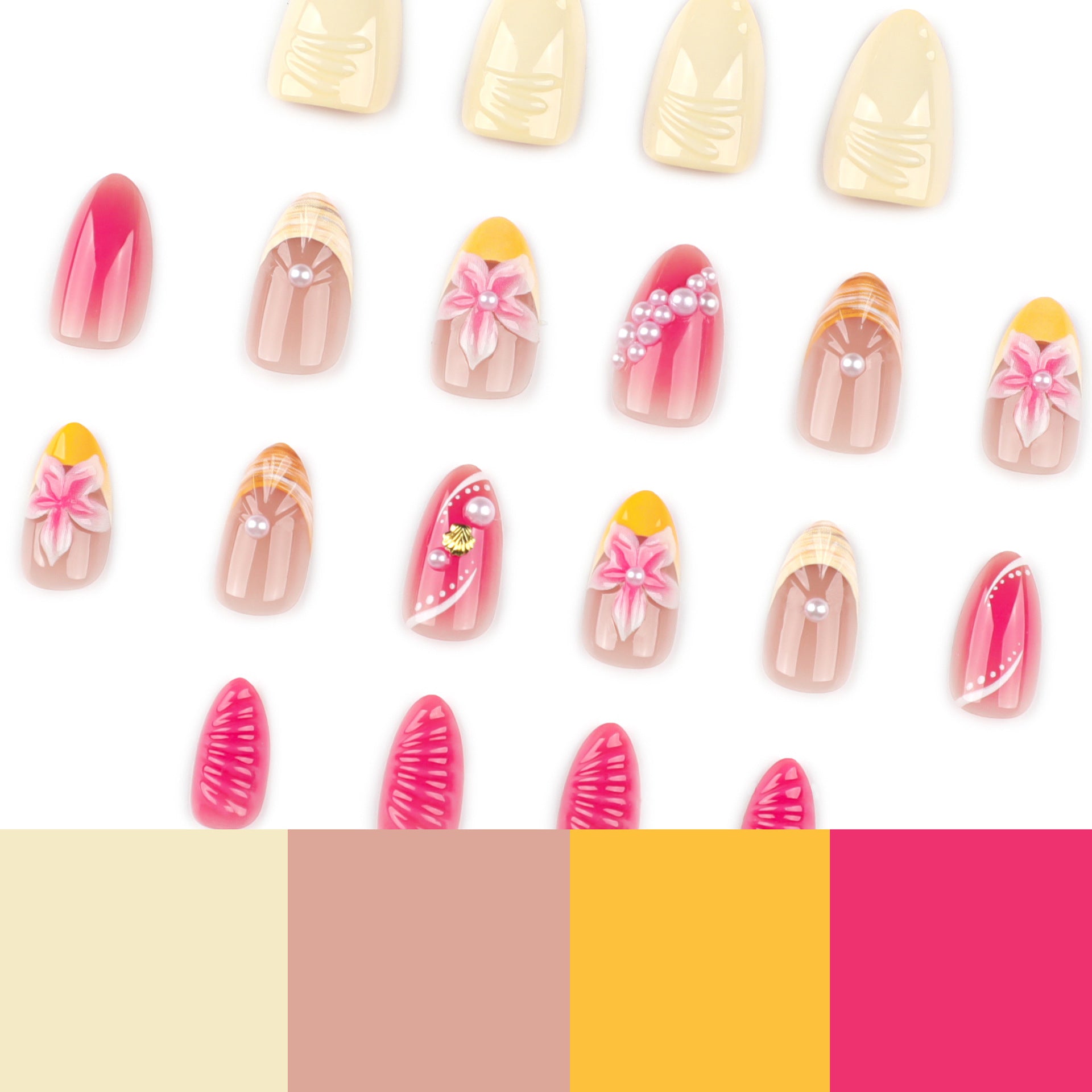 Almond 3D three-dimensional flower short pearl mix and match press-on nails