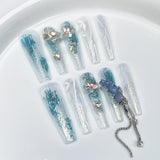 Gelo através de flash unhas postiças artesanais, manicure de formato irregular, 4 cm, fina, cachorro, super longa, escada, unhas postiças vestíveis｜365nails