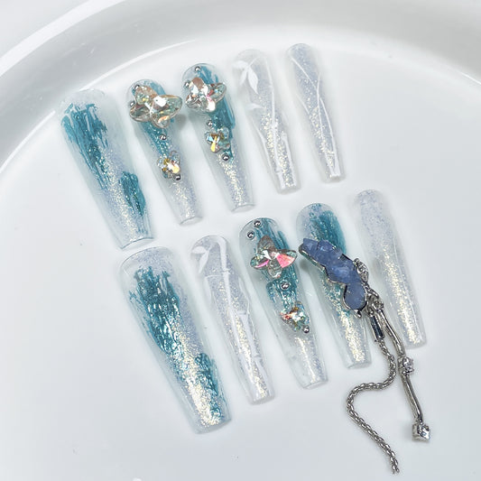 Ice through flash Handmade press on nails irregular shape manicure 4cm thin dog super long ladder wearable fake nails｜365nails