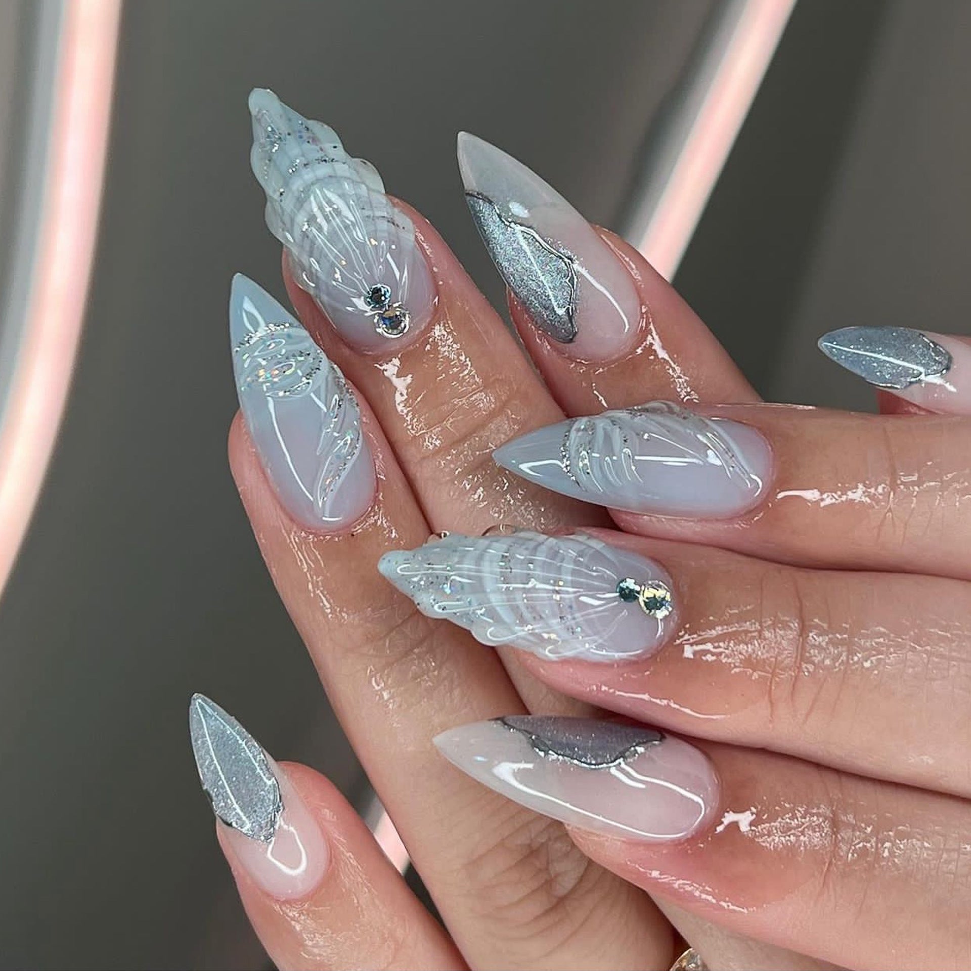 熱銷成品甲片 — 冷色系3D水滴貝殼款 杏仁形｜批發｜365nails