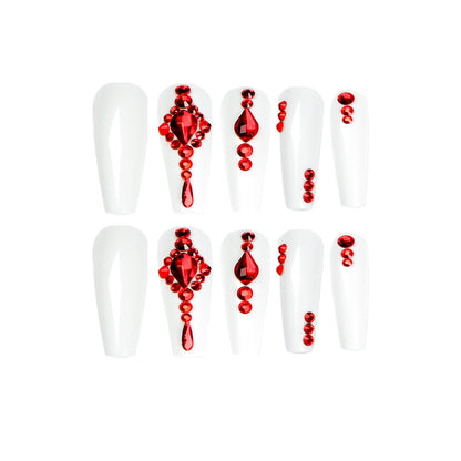 Long Ballet White Red Stacked Diamond Nail Pieces Finished Nail Pieces Wholesale Nail Patches s｜365nails