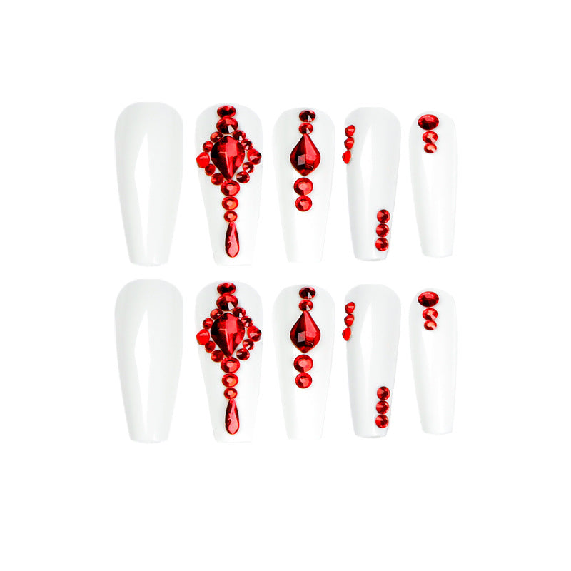 Long Ballet White Red Stacked Diamond Nail Pieces Finished Nail Pieces Wholesale Nail Patches s｜365nails