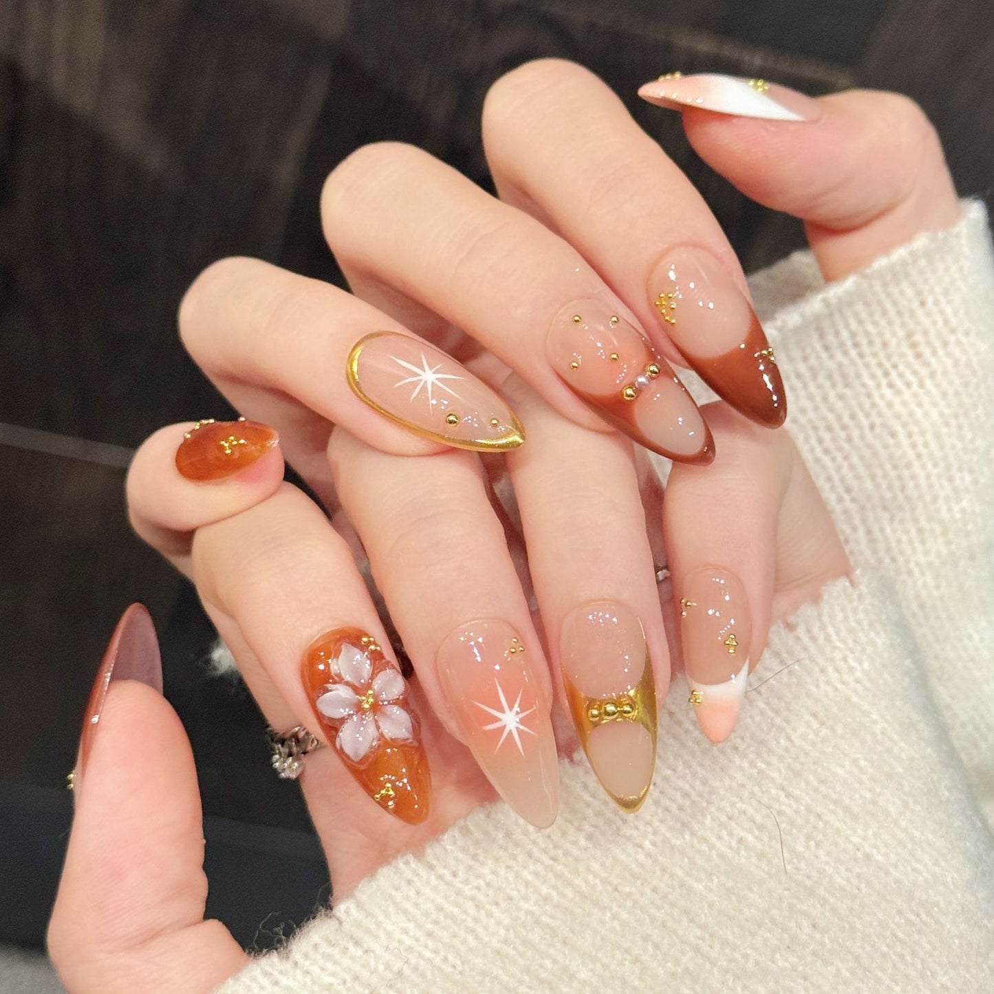 Peach Gold Gradient Floral Press On Nails