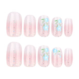 Fresh blue flowers pink and white gradual change simple short square press-on nails