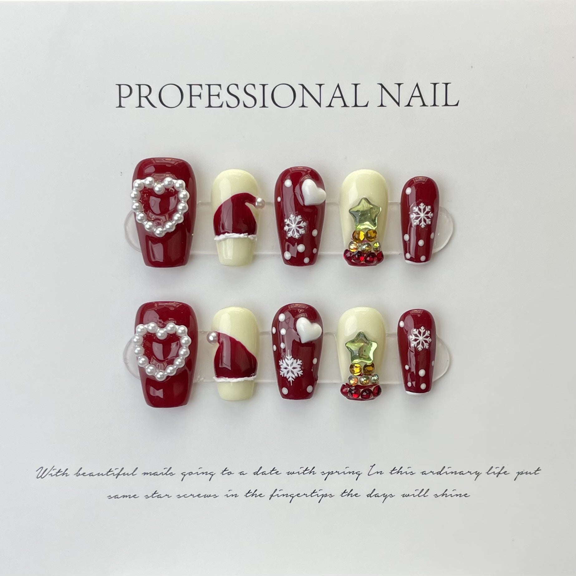 Red and Cream Christmas Press‑On Nails – Santa Hat & Star Design