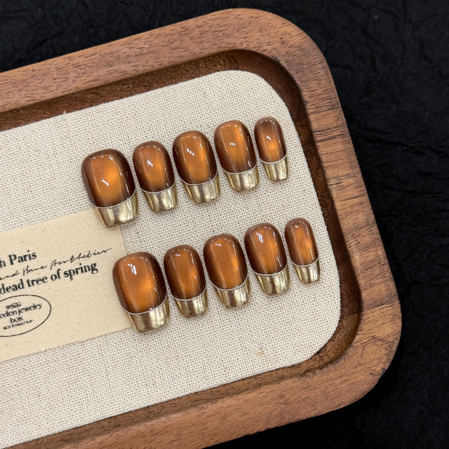 365nails: "Autumn Gold" – Mirror Chrome French Tip Handmade Short Square Nails