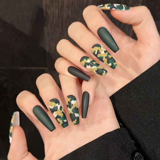 Nail Art, Army Green Camouflage press-on nails Spring Summer Nail Beauty Hand Painted fake nails Finished Nail | 365nails