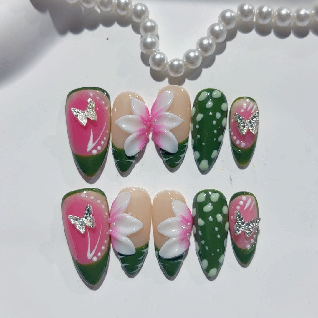 365nails-Tropical Bloom: "雞蛋花飄舞" – 杏仁形手工製3D立體雕刻穿戴甲