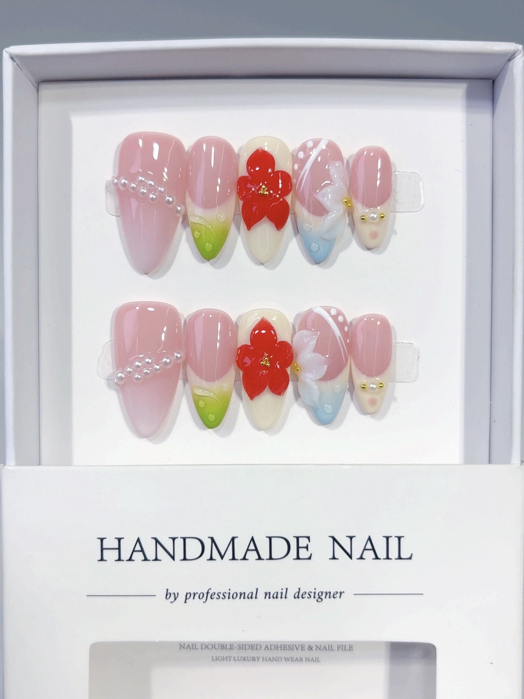 Spring Blossom: "Cherry Pearl Glow" – Almond Shape Handmade Press-Ons