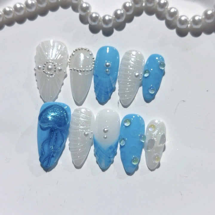 365nails: "아주르 쉘 머메이드" – 미디엄 아몬드형 블루-화이트 쉘 수제 프레스온 네일