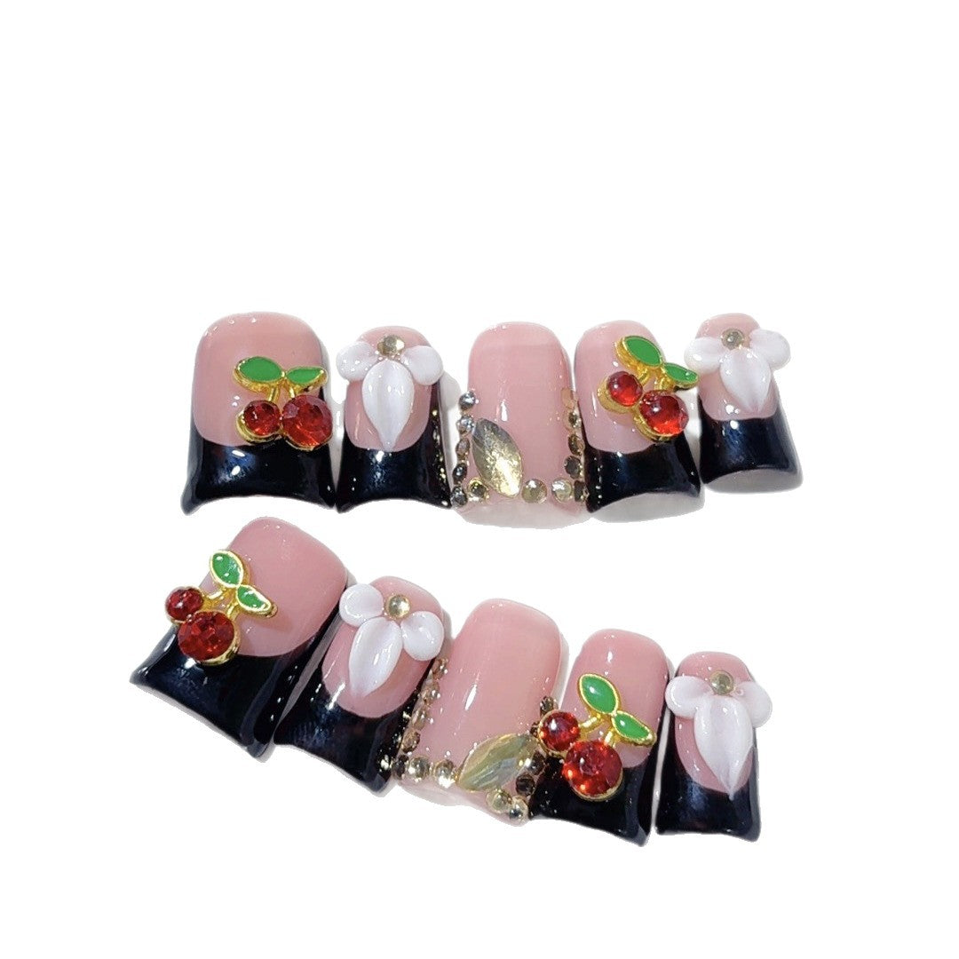 Sweet Cherry: Unhas Postiças Artesanais "Blush Noir" – Formato Bico de Pato