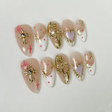 Ice through  almond nail art French hand-painted metal relief white handmade press-on nails｜365nails